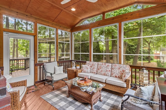 149 Harbor Landing Dr, Mooresville, NC 28117 - sunroom / solarium featuring lofted ceiling, an outdoor living space, and a ceiling fan