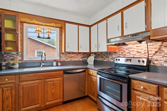 1405 8th Ave NW, Conover, NC 28613 - kitchen featuring appliances with stainless steel finishes, a sink, under cabinet range hood, and dark countertops