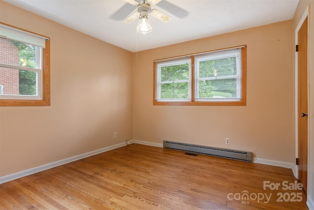 1405 8th Ave NW, Conover, NC 28613 - empty room with a baseboard radiator, light wood-style floors, baseboards, and ceiling fan