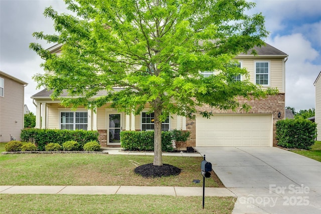 1412 Afternoon Sun Rd, Matthews, NC 28104 - obstructed view of property with brick siding, concrete driveway, a front yard, and an attached garage