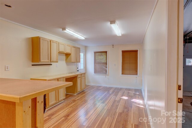 kitchen with light wood finished floors, light brown cabinetry, baseboards, and light countertops