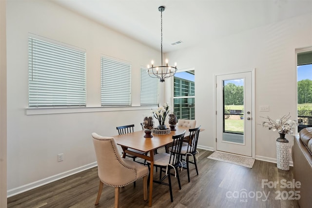 1133 Idyllic Ln, Waxhaw, NC 28173 - dining area with a chandelier, dark wood finished floors, and baseboards