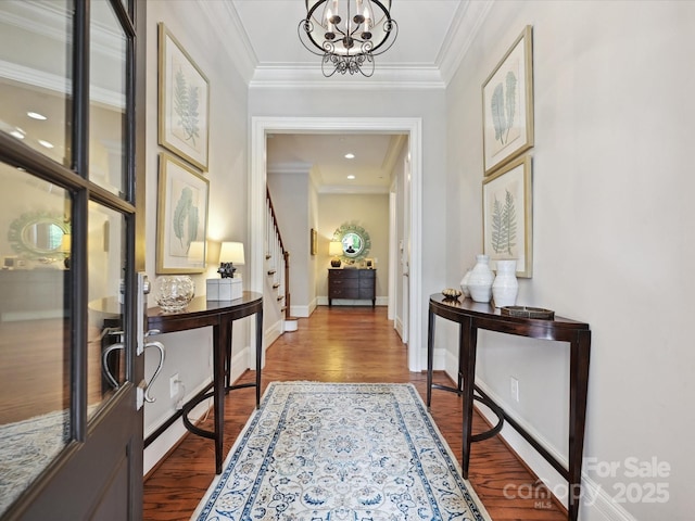 6128 Fletcher Cir, Charlotte, NC 28226 - corridor with stairs, wood finished floors, a chandelier, ornamental molding, and baseboards