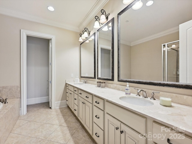 6128 Fletcher Cir, Charlotte, NC 28226 - full bathroom featuring double vanity, a garden tub, ornamental molding, recessed lighting, and baseboards