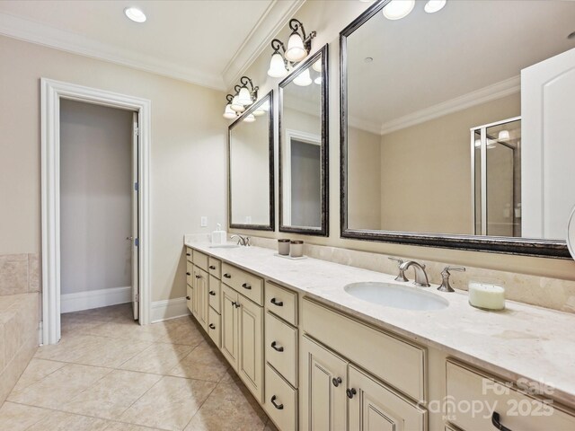 6128 Fletcher Cir, Charlotte, NC 28226 - full bath with double vanity, ornamental molding, an enclosed shower, and tile patterned flooring