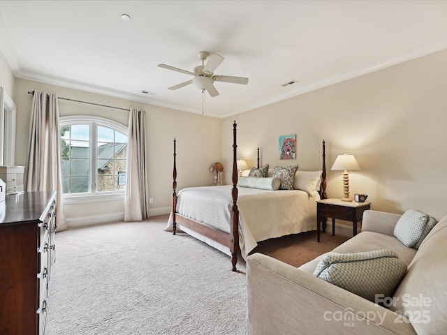 6128 Fletcher Cir, Charlotte, NC 28226 - bedroom with light colored carpet, baseboards, crown molding, and ceiling fan