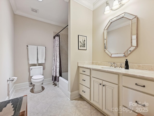 6128 Fletcher Cir, Charlotte, NC 28226 - full bathroom with toilet, ornamental molding, vanity, shower / tub combo with curtain, and baseboards
