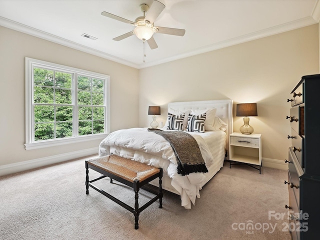 6128 Fletcher Cir, Charlotte, NC 28226 - bedroom featuring light colored carpet, baseboards, crown molding, and a ceiling fan