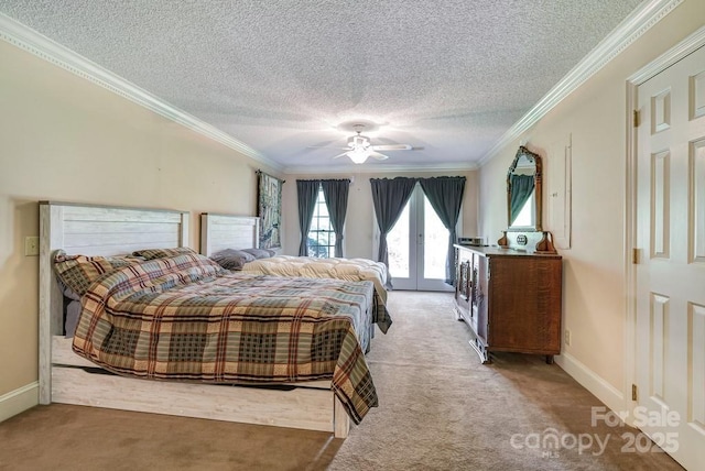 bedroom with carpet floors, french doors, a textured ceiling, crown molding, and baseboards