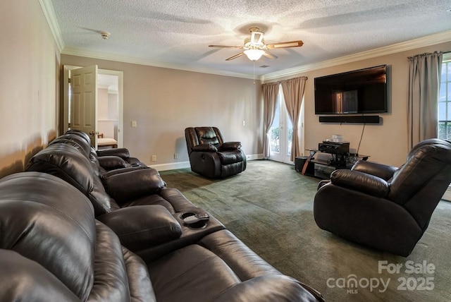 carpeted living room featuring a ceiling fan, crown molding, a textured ceiling, and baseboards