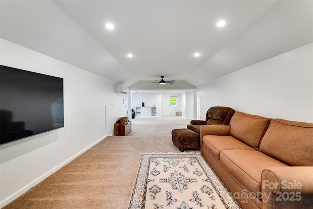 3407 Patton Rd, Franklin, NC 28734 - living room with carpet flooring, a ceiling fan, lofted ceiling, baseboards, and a wall unit AC
