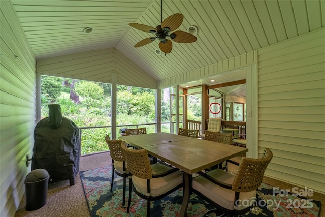 3407 Patton Rd, Franklin, NC 28734 - sunroom featuring lofted ceiling, ceiling fan, and outdoor dining space