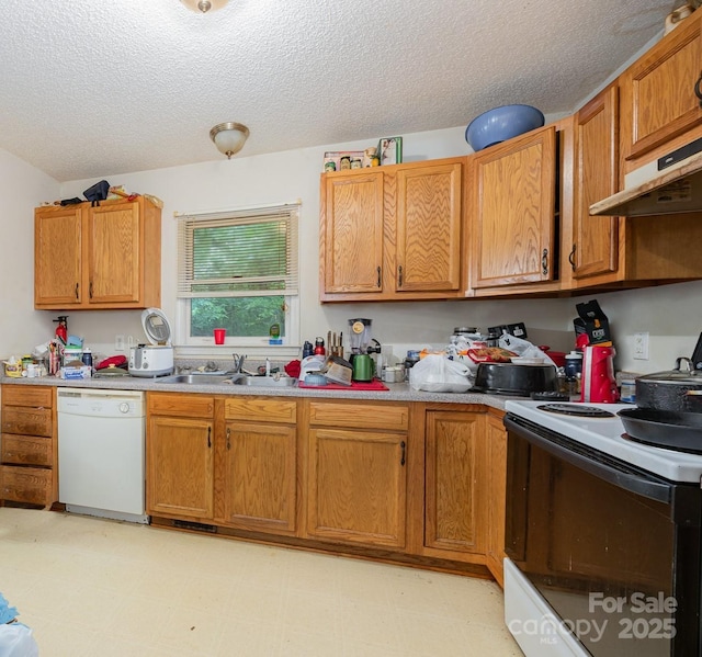 610 N Shaver St Unit 14, Salisbury, NC 28144 - kitchen featuring white dishwasher, electric stove, a sink, under cabinet range hood, and a textured ceiling