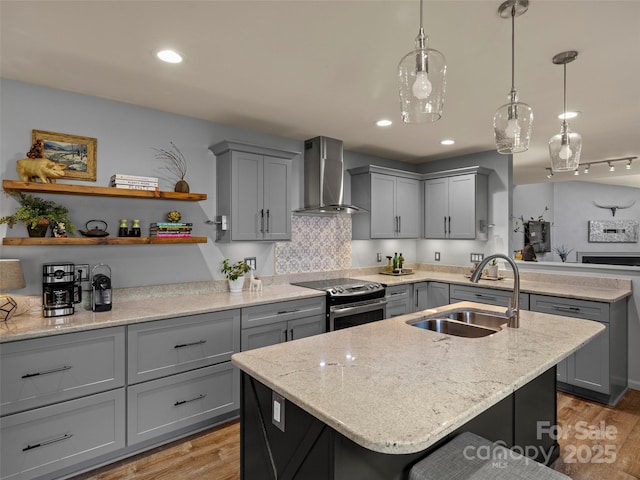 118 Cloverleaf Ln, Asheville, NC 28803 - kitchen featuring gray cabinetry, wall chimney range hood, a sink, electric range, and recessed lighting