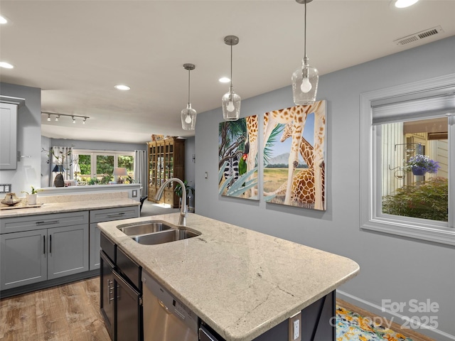 118 Cloverleaf Ln, Asheville, NC 28803 - kitchen featuring a sink, wood finished floors, recessed lighting, stainless steel dishwasher, and gray cabinets