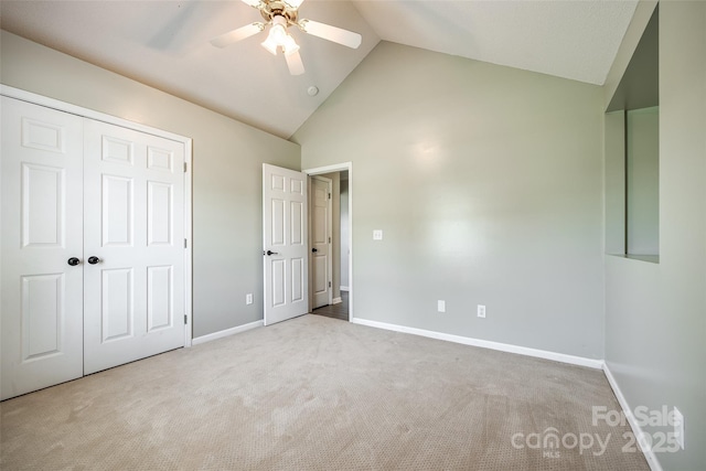 752 Chipmeadow Ln, York, SC 29745 - unfurnished bedroom featuring carpet floors, baseboards, a closet, high vaulted ceiling, and ceiling fan