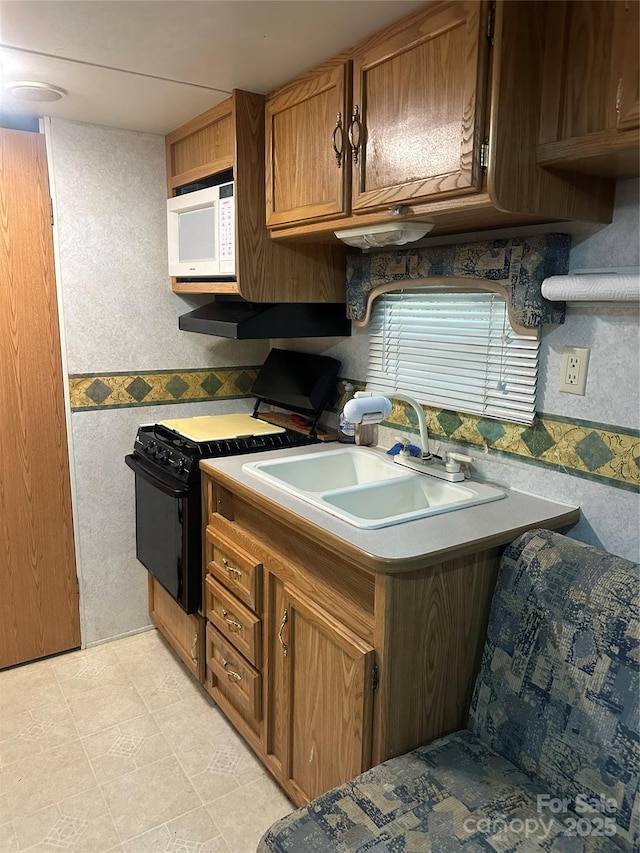 kitchen featuring white microwave, gas stove, and a sink