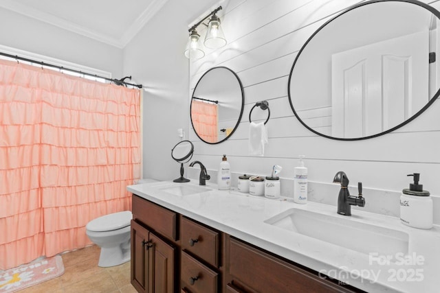 1016 Spanish Moss Rd, Indian Trail, NC 28079 - bathroom with ornamental molding, toilet, double vanity, tile patterned floors, and a shower with shower curtain