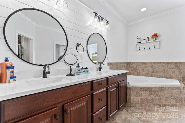 1016 Spanish Moss Rd, Indian Trail, NC 28079 - full bath with ornamental molding, a garden tub, and double vanity