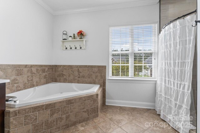 1016 Spanish Moss Rd, Indian Trail, NC 28079 - full bathroom with ornamental molding, a bath, tile patterned flooring, a shower with curtain, and baseboards