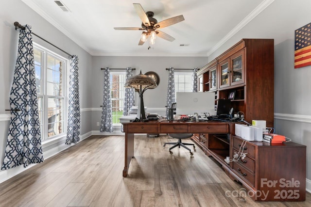 1016 Spanish Moss Rd, Indian Trail, NC 28079 - home office featuring ceiling fan, wood finished floors, baseboards, and crown molding