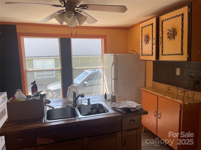kitchen featuring a sink, freestanding refrigerator, plenty of natural light, ceiling fan, and crown molding