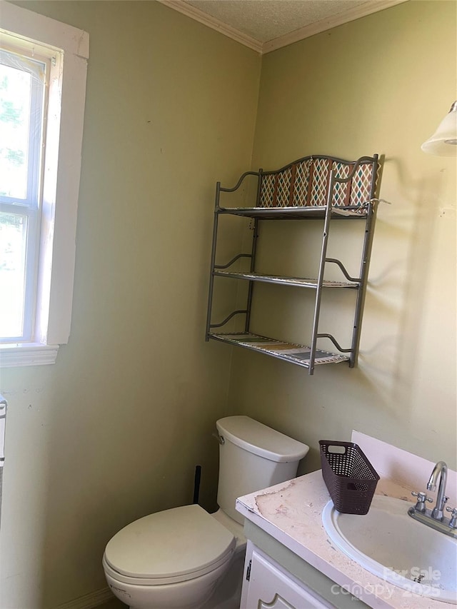 half bathroom featuring toilet, crown molding, and vanity