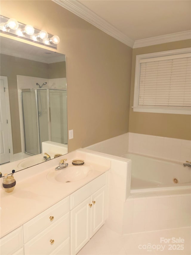 1253 Iverleigh Trl, Charlotte, NC 28270 - full bathroom with a stall shower, a garden tub, vanity, and ornamental molding