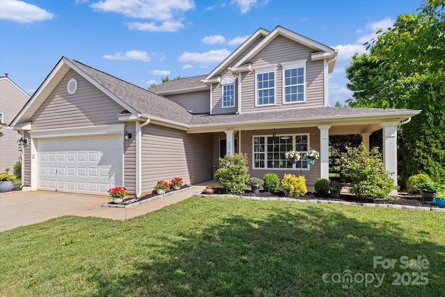 176 Pleasant Grove Ln, Mooresville, NC 28115 - traditional-style house with a garage, driveway, a front yard, covered porch, and a shingled roof