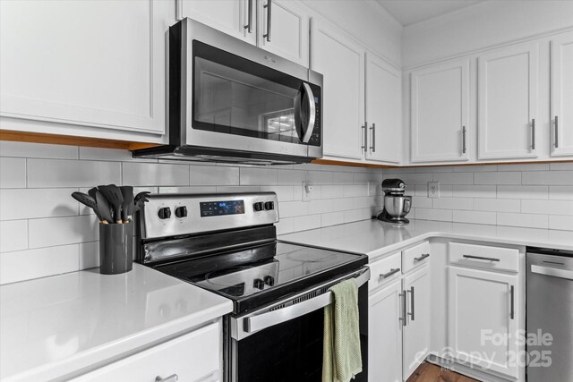 176 Pleasant Grove Ln, Mooresville, NC 28115 - kitchen featuring appliances with stainless steel finishes, light countertops, white cabinetry, and backsplash