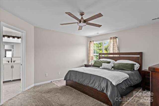 176 Pleasant Grove Ln, Mooresville, NC 28115 - bedroom featuring ensuite bath, carpet, baseboards, and a ceiling fan