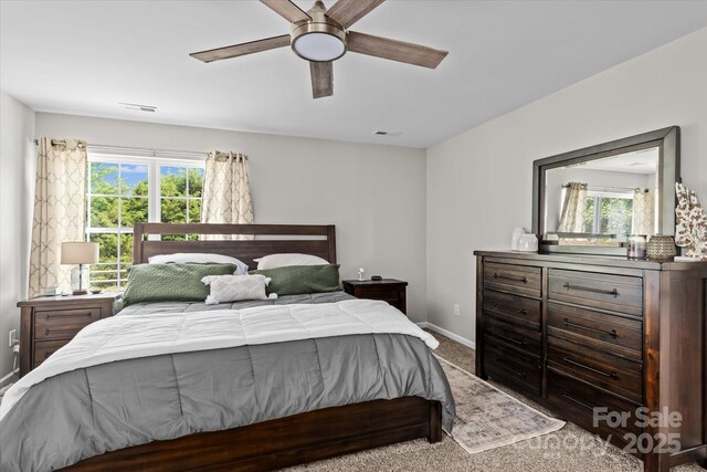 176 Pleasant Grove Ln, Mooresville, NC 28115 - bedroom featuring carpet, baseboards, multiple windows, and ceiling fan