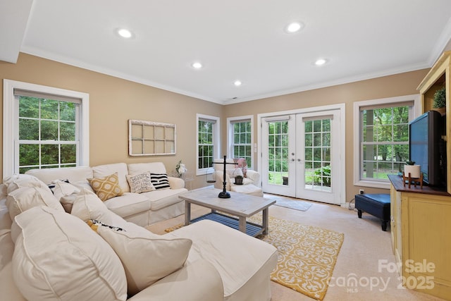 226 Duncan Estate Dr, Fletcher, NC 28732 - living room with french doors, recessed lighting, crown molding, and light colored carpet