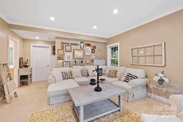 226 Duncan Estate Dr, Fletcher, NC 28732 - living room featuring crown molding, light colored carpet, and recessed lighting