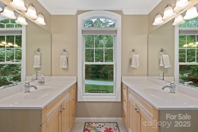 226 Duncan Estate Dr, Fletcher, NC 28732 - bathroom with two vanities, ornamental molding, tile patterned flooring, and baseboards