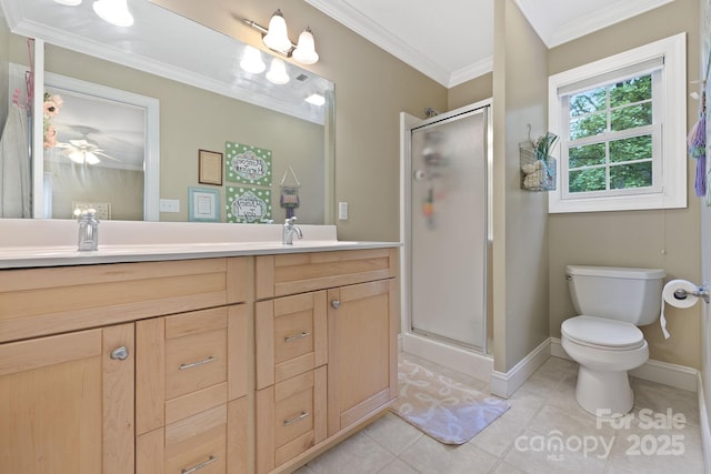 226 Duncan Estate Dr, Fletcher, NC 28732 - full bathroom featuring double vanity, ornamental molding, a stall shower, toilet, and baseboards