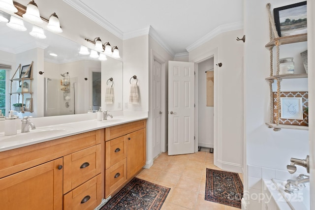 226 Duncan Estate Dr, Fletcher, NC 28732 - full bath with ornamental molding, a stall shower, double vanity, tile patterned flooring, and baseboards