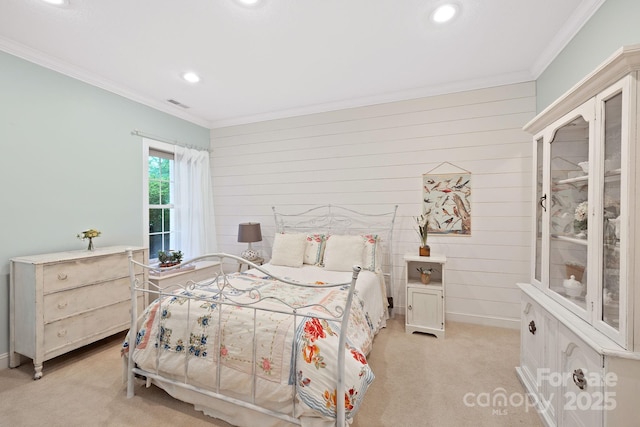 226 Duncan Estate Dr, Fletcher, NC 28732 - bedroom with light colored carpet, crown molding, recessed lighting, wood walls, and baseboards