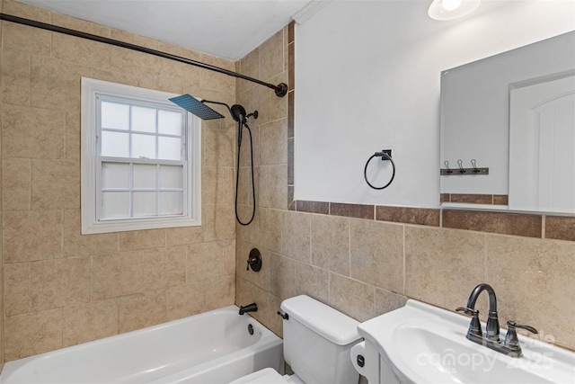 2953 Enfield Rd, Charlotte, NC 28205 - bathroom with a sink, tub / shower combination, toilet, and tile walls