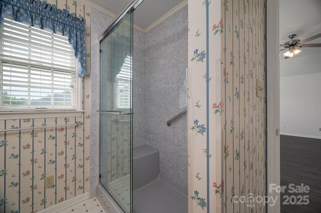 1909 Wexford Ct, Gastonia, NC 28054 - bathroom with ornamental molding, plenty of natural light, baseboards, a stall shower, and a ceiling fan