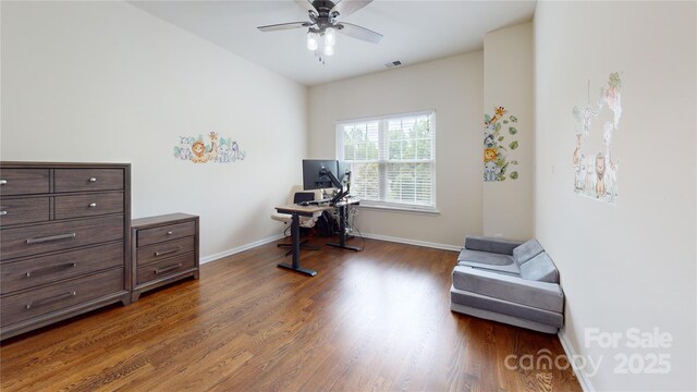 14615 Bridle Trace Ln, Pineville, NC 28134 - home office with wood finished floors, a ceiling fan, and baseboards