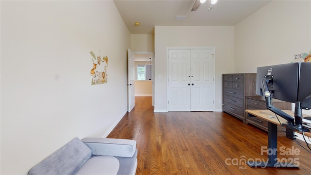 14615 Bridle Trace Ln, Pineville, NC 28134 - sitting room with dark wood finished floors, ceiling fan, an office area, and baseboards