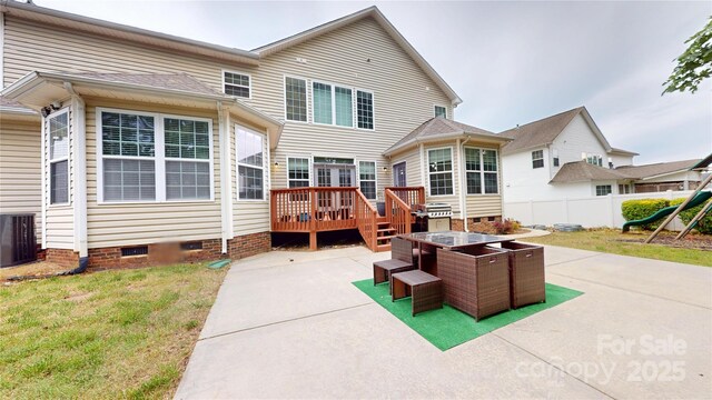 14615 Bridle Trace Ln, Pineville, NC 28134 - back of house with crawl space, a patio area, a deck, central air condition unit, and fence