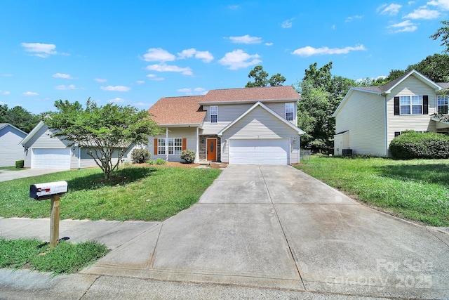 2706 Stagbuck Dr, Gastonia, NC 28052 - traditional-style house with driveway, a front lawn, an attached garage, and cooling unit
