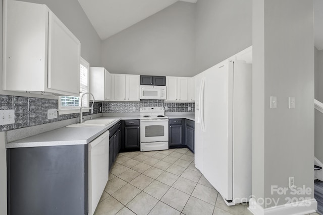 2706 Stagbuck Dr, Gastonia, NC 28052 - kitchen with white appliances, a sink, backsplash, high vaulted ceiling, and light countertops