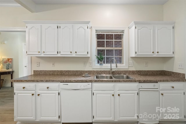 608 Camrose Cir NE, Concord, NC 28025 - kitchen featuring dishwasher, dark countertops, white cabinetry, and light wood-style flooring