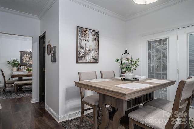 1575 Lewis Farm Rd, Kings Mountain, NC 28086 - dining space with dark wood-style flooring, crown molding, and baseboards