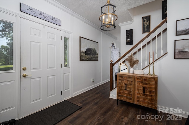 1575 Lewis Farm Rd, Kings Mountain, NC 28086 - entryway with a chandelier, wood finished floors, crown molding, stairs, and baseboards