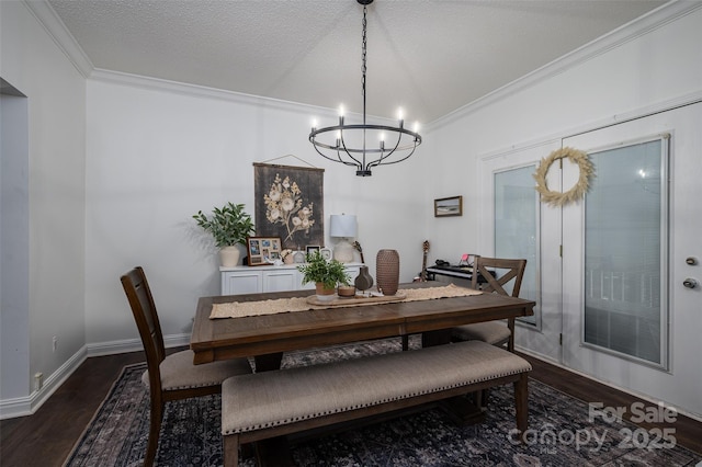 1575 Lewis Farm Rd, Kings Mountain, NC 28086 - dining space with dark wood-type flooring, crown molding, a chandelier, and baseboards