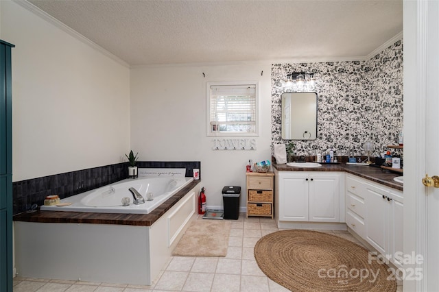 1575 Lewis Farm Rd, Kings Mountain, NC 28086 - bathroom with vanity, a garden tub, a textured ceiling, ornamental molding, and tile patterned floors